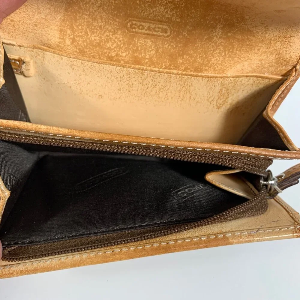 COACH Signature Logo Jacquard Bifold Wallet Tan Leather Trim + Zipper Pouch